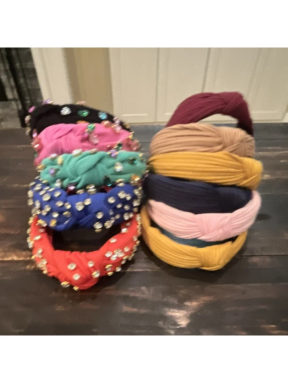 Women’s Multicolor Fabric Knotted Turban Headband with Beaded Accents Solid
